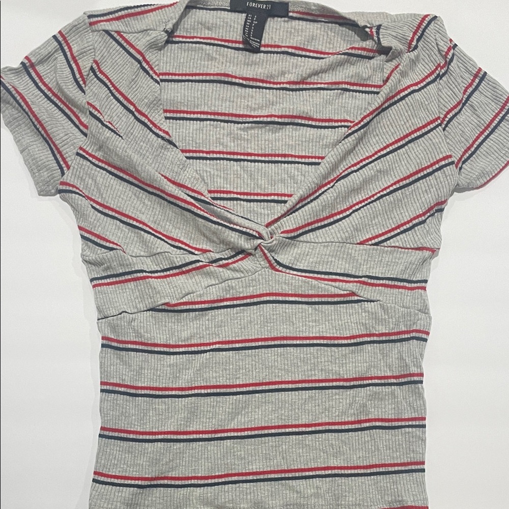 Forever 21 Gray and Red Striped Short Sleeve Top
